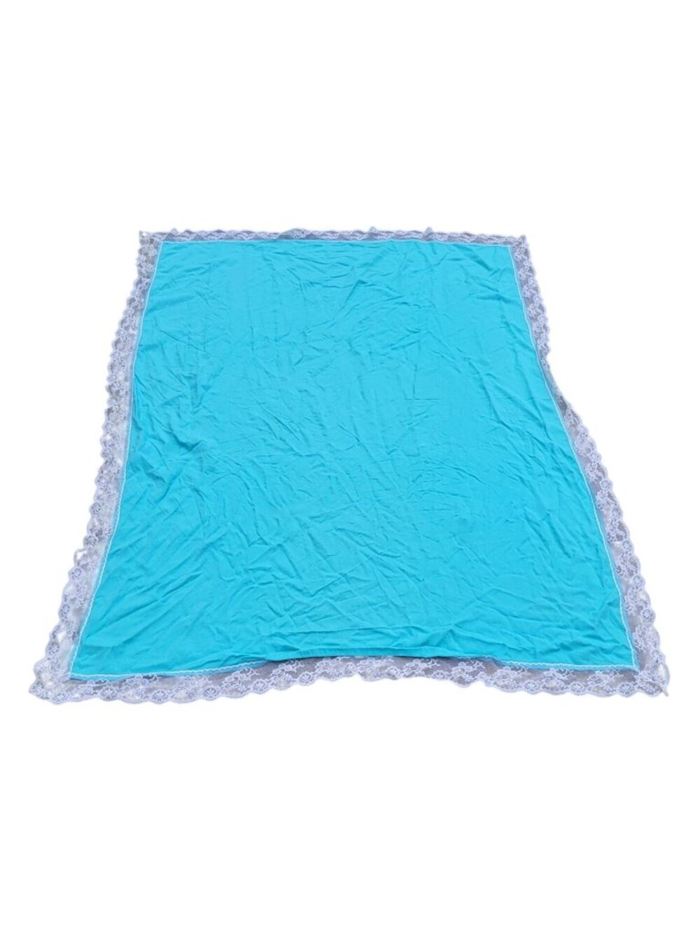 Vintage Aqua Blue Lace-Trimmed Fabric Throw Blanket With Delicate White Accents - Picture 2 of 3